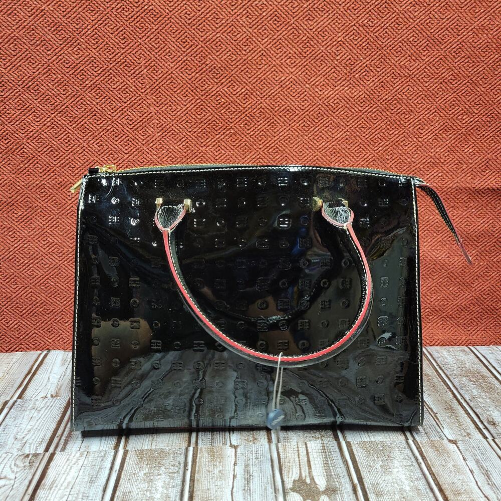 Arcadia Black Patent Leather Python Print Tote Handbag Made In Italy Purse
